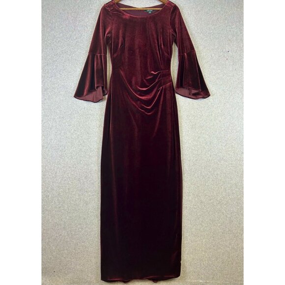 Lauren Ralph Lauren Dress Women’s 4 Burgundy Velvet Ruched Evening Gown Formal - Picture 1 of 16